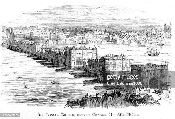 old london bridge - 17th century london stock illustrations