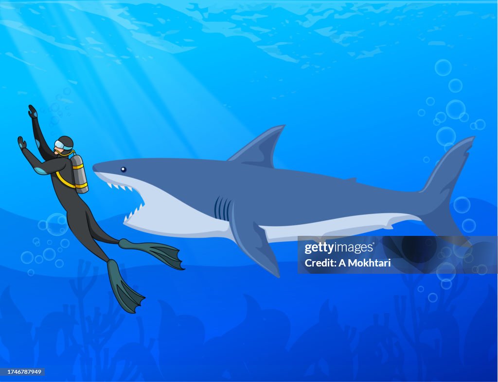 Underwater diver and shark attack.
