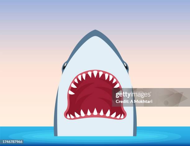ilustraciones, imágenes clip art, dibujos animados e iconos de stock de tiburón con la boca abierta, ataque. - tiburón