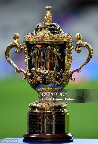 Detailed view of the The Webb Ellis Cup on display prior to the Rugby World Cup France 2023 semi-final match between Argentina and New Zealand at...