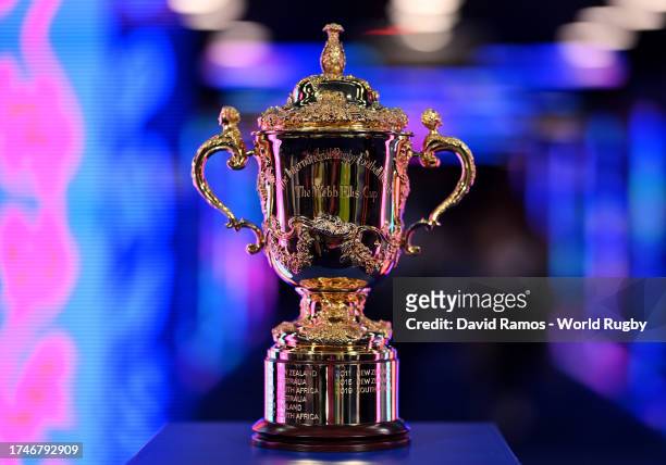 Detailed view of the The Webb Ellis Cup on display prior to the Rugby World Cup France 2023 semi-final match between Argentina and New Zealand at...