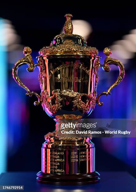 Detailed view of the The Webb Ellis Cup on display prior to the Rugby World Cup France 2023 semi-final match between Argentina and New Zealand at...