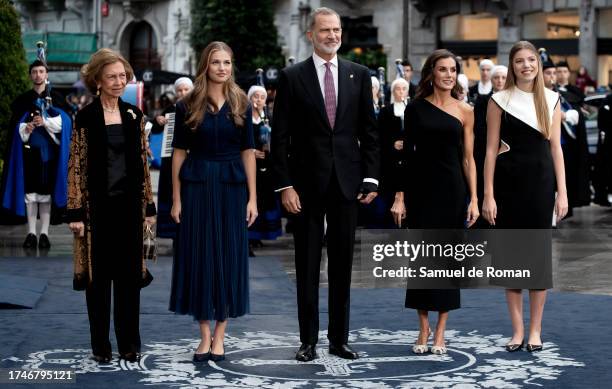 King Felipe VI of Spain, Queen Letizia of Spain, Queen Sofia of Spain, Crown Princess Leonor of Spain and Princess Sofia of Spain arrive at the...