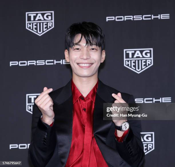 Tag Heuer brand ambassador, actor Wi Ha-Jun is seen at the TAG Heuer 'Carrera Chronosprint X Porsche' special edition launch photocall on October 20,...
