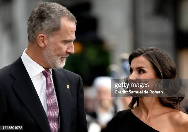 King Felipe VI of Spain and Queen Letizia of Spain arrive at the "Princesa de Asturias" Awards at Teatro Campoamor on October 20, 2023 in Asturias,...