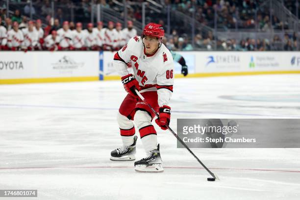 Teuvo Teravainen of the Carolina Hurricanes skates against the Seattle Kraken during the third period at Climate Pledge Arena on October 19, 2023 in...