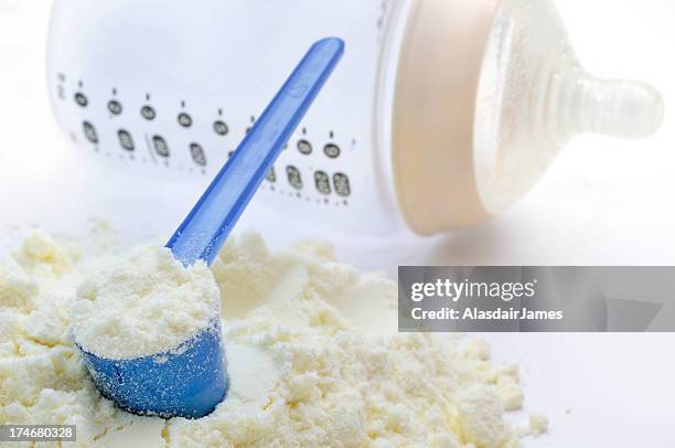 formula, scoop and bottle - melkpoeder stockfoto's en -beelden