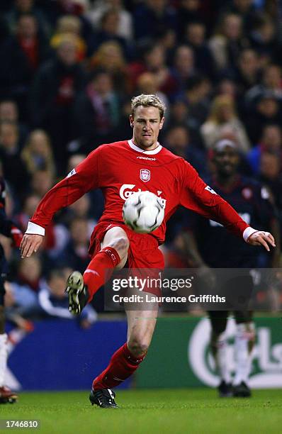 Stephane Henchoz of Liverpool brings the ball under control during the Worthington Cup semi-final second leg match between Liverpool and Sheffield...
