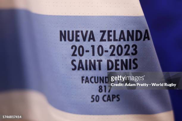Detailed view of the inscription of "Nueva Zelanda, , Saint Denis, Facundo Isa 50 Caps" on a match shirt in the changing room prior to the Rugby...