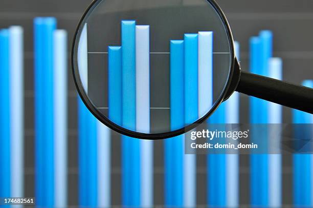 magnifying glass and chart pictured on computer - comprare stock pictures, royalty-free photos & images