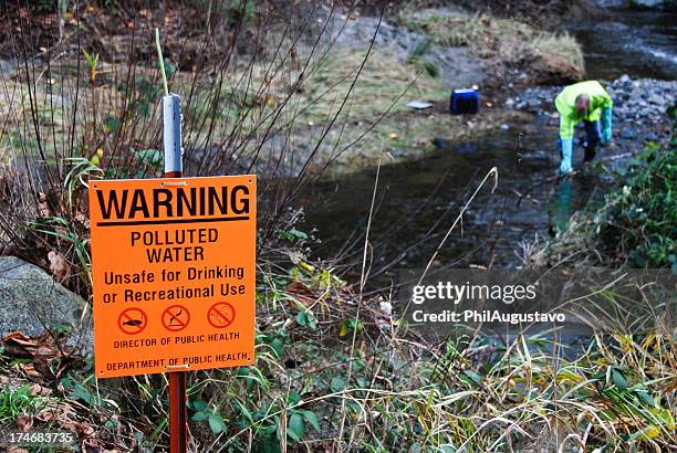 wissenschaftler auswahl creek's schmutzig wasser - wasserverschmutzung stock-fotos und bilder