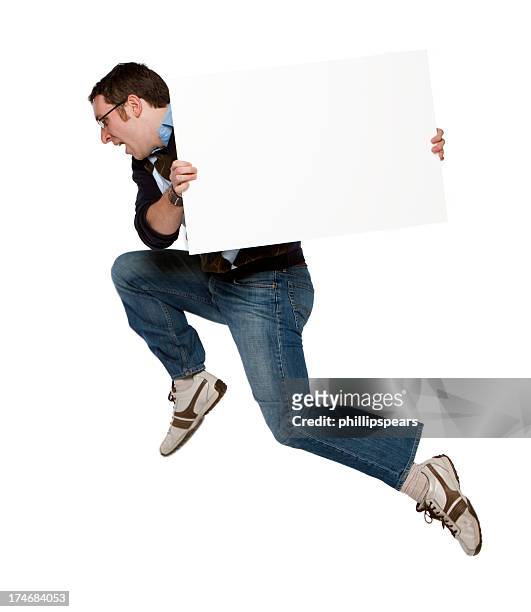 homem saltar com um sinal em branco - carrying sign imagens e fotografias de stock