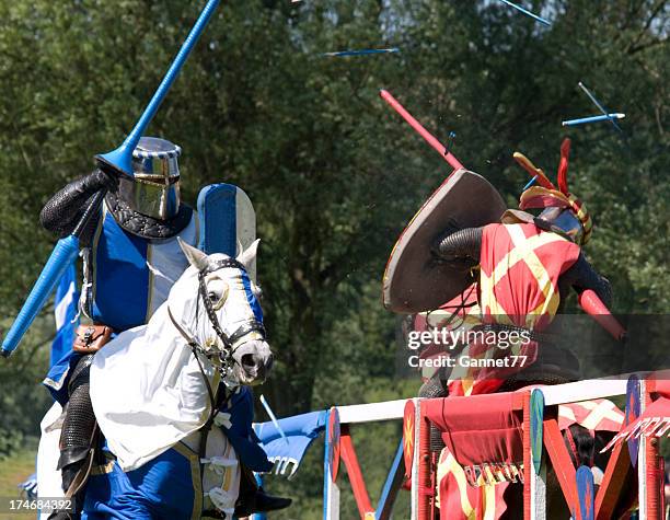 knights clash at a joust - middeleeuws stockfoto's en -beelden