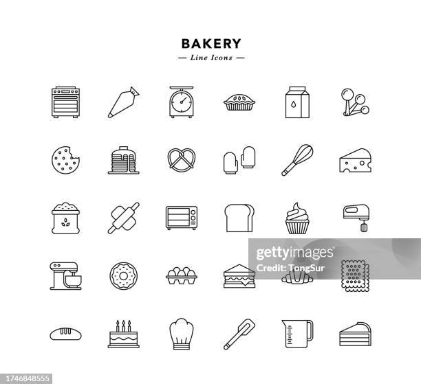 bakery line icons - toast bread stock illustrations