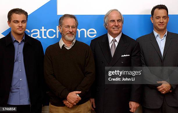 Actor Leonardo DiCaprio, director Steven Spielberg, Frank Abagnale, and actor Tom Hanks, attend a press conference before the United Kingdom premiere...