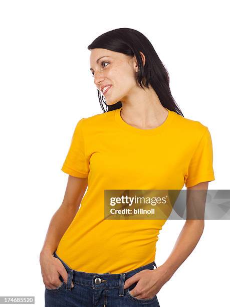 young woman with yellow shirt - long sleeve stock pictures, royalty-free photos & images