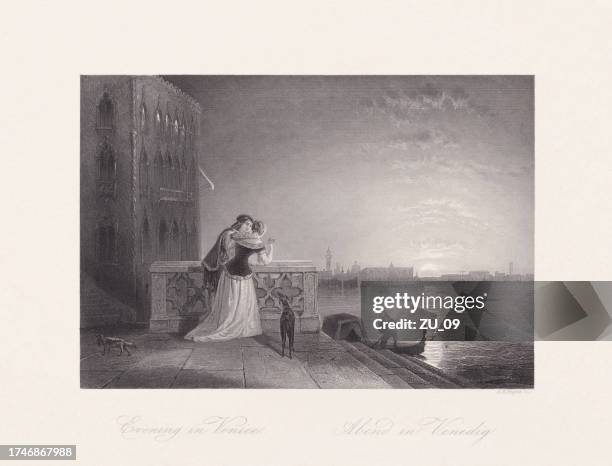 evening in venice, by english school, steel engraving, published c.1860 - adriatic sea stock illustrations