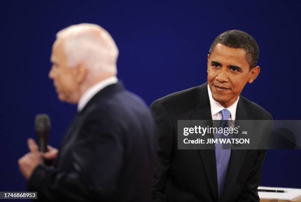 Republican John McCain speaks during his second presidential debate with Democrat Barck Obama at Belmont University's Curb Event Center on October 7,...