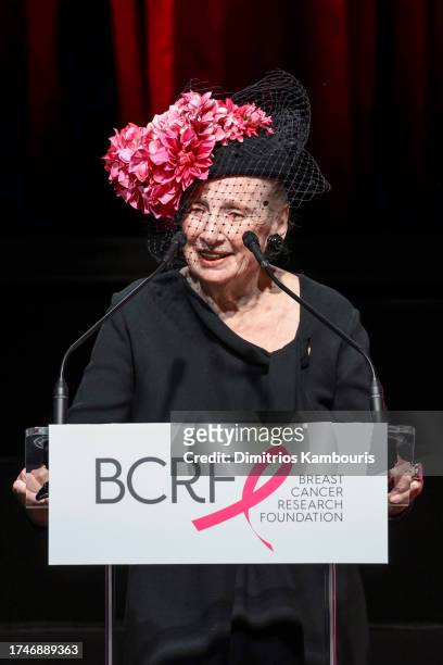 Roz Goldstein and Anne Thompson speak onstage during the Breast Cancer Research Foundation New York Symposium & Awards Luncheon at New York Hilton on...