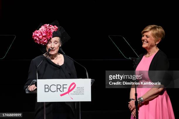 Roz Goldstein and Anne Thompson speak onstage during the Breast Cancer Research Foundation New York Symposium & Awards Luncheon at New York Hilton on...