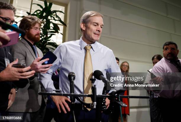 Rep. Jim Jordan speaks to the media as he leaves a closed-door House Republican meeting at the U.S. Capitol on October 20, 2023 in Washington, DC....