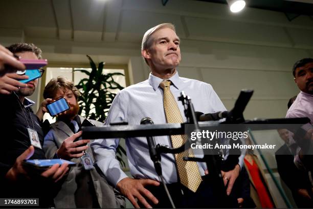 Rep. Jim Jordan speaks to the media as he leaves a closed-door House Republican meeting at the U.S. Capitol on October 20, 2023 in Washington, DC....