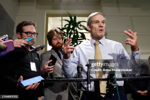 Rep. Jim Jordan speaks to the media as he leaves a closed-door House Republican meeting at the U.S. Capitol on October 20, 2023 in Washington, DC....