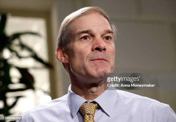 Rep. Jim Jordan speaks to the media as he leaves a closed-door House Republican meeting at the U.S. Capitol on October 20, 2023 in Washington, DC....