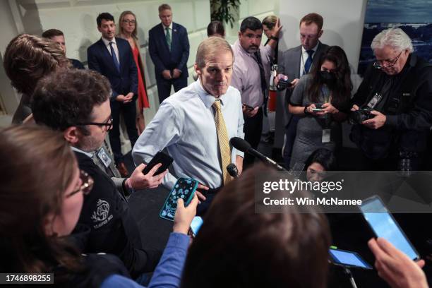 Rep. Jim Jordan speaks to the media as he leaves a closed-door House Republican meeting at the U.S. Capitol on October 20, 2023 in Washington, DC....