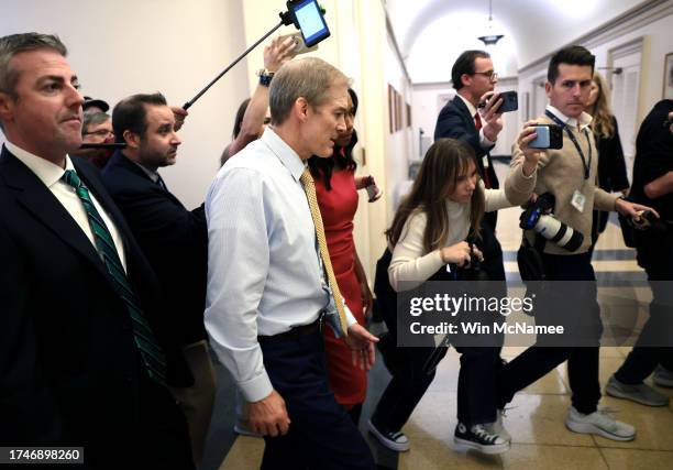 Rep. Jim Jordan speaks to the media as he leaves a closed-door House Republican meeting at the U.S. Capitol on October 20, 2023 in Washington, DC....