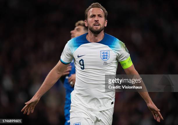 Harry Kane of England celebrates scoring his second goal during the UEFA EURO 2024 European qualifier match between England and Italy at Wembley...