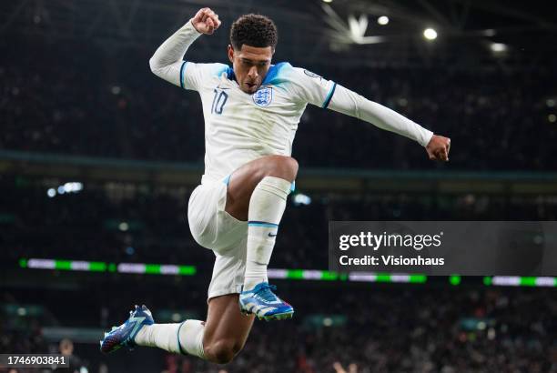 Jude Bellingham of England celebrates his assist for Marcus Rashford's goal during the UEFA EURO 2024 European qualifier match between England and...