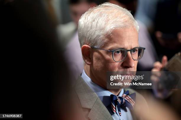 Speaker Pro Tempore Rep. Patrick McHenry speaks to the media as he leaves a closed-door House Republican meeting at the U.S. Capitol on October 20,...