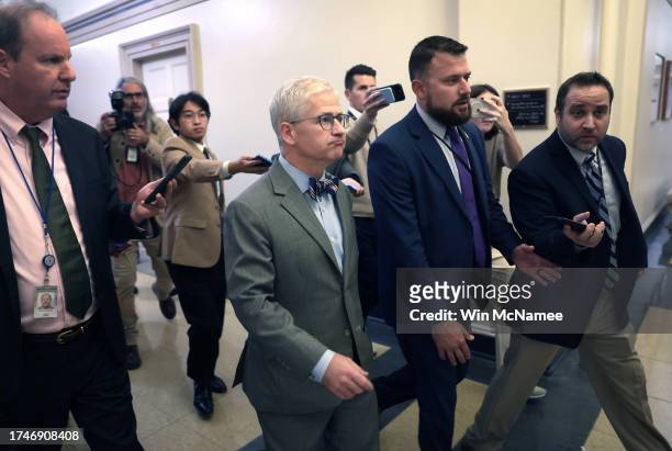 Speaker Pro Tempore Rep. Patrick McHenry speaks to the media as he leaves a closed-door House Republican meeting at the U.S. Capitol on October 20,...