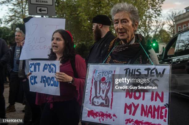 British and Israeli Jews protest outside the residence of the Israeli ambassador on October 20, 2023 in London, England. Jews and Israelis are...