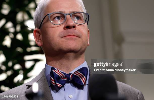 Speaker Pro Tempore Rep. Patrick McHenry speaks to the media as he leaves a closed-door House Republican meeting at the U.S. Capitol on October 20,...