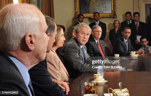 President George W. Bush makes remarks on the economic crisis during a meeting with bipartisan and bicameral members of congress including the...