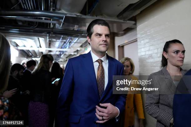 Rep. Matt Gaetz leaves a closed-door House Republican meeting at the U.S. Capitol on October 20, 2023 in Washington, DC. The House Republican caucus...