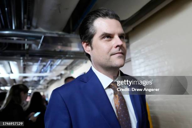 Rep. Matt Gaetz leaves a closed-door House Republican meeting at the U.S. Capitol on October 20, 2023 in Washington, DC. The House Republican caucus...