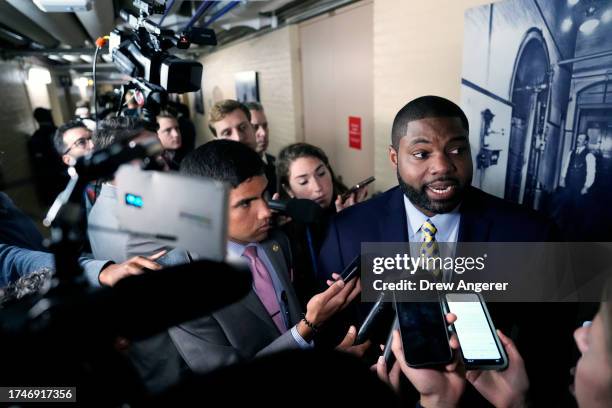 Rep. Byron Donalds leaves a closed-door House Republican meeting at the U.S. Capitol on October 20, 2023 in Washington, DC. The House Republican...