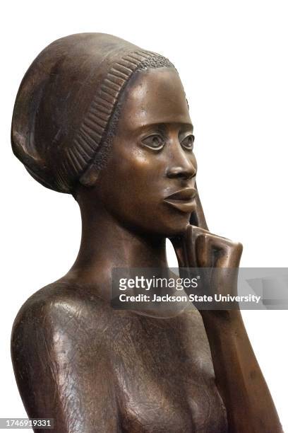 Close-up of a waist-length bronze bust of Phillis Wheatley a mid -18th century poet, Created by Elizabeth Catlet. The bust was originally...