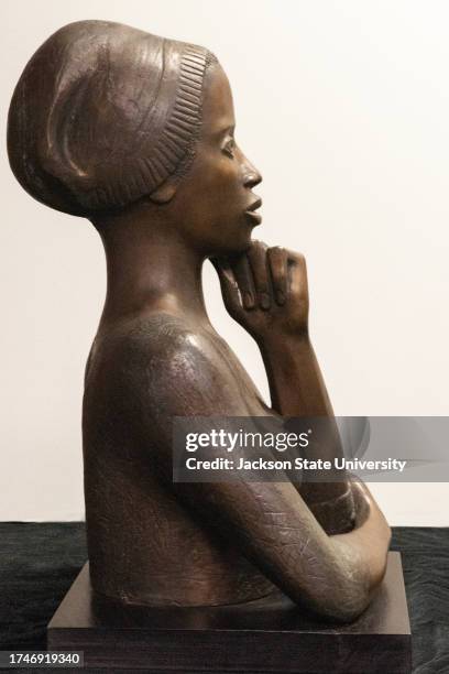 Close-up of a waist-length bronze bust of Phillis Wheatley a mid -18th century poet, Created by Elizabeth Catlet. The bust was originally...