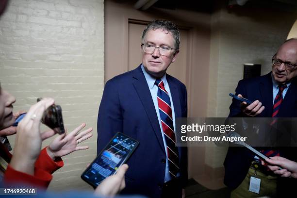 Rep. Thomas Massie leaves a closed-door House Republican meeting at the U.S. Capitol on October 20, 2023 in Washington, DC. The House Republican...