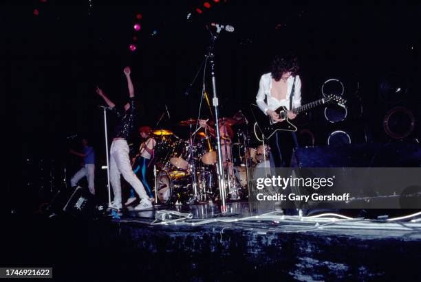 Members of the English Rock group Def Leppard perform onstage at Nassau Coliseum , Uniondale, New York, August 14, 1981. Pictured are, from left,...