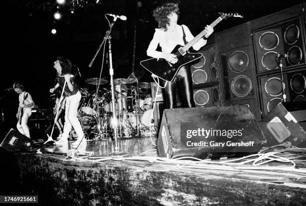 Members of the English Rock group Def Leppard perform onstage at Nassau Coliseum , Uniondale, New York, August 14, 1981. Pictured are, from left,...