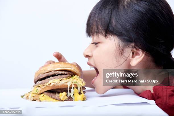 close-up of woman eating burger against white background - heri mardinal stock pictures, royalty-free photos & images