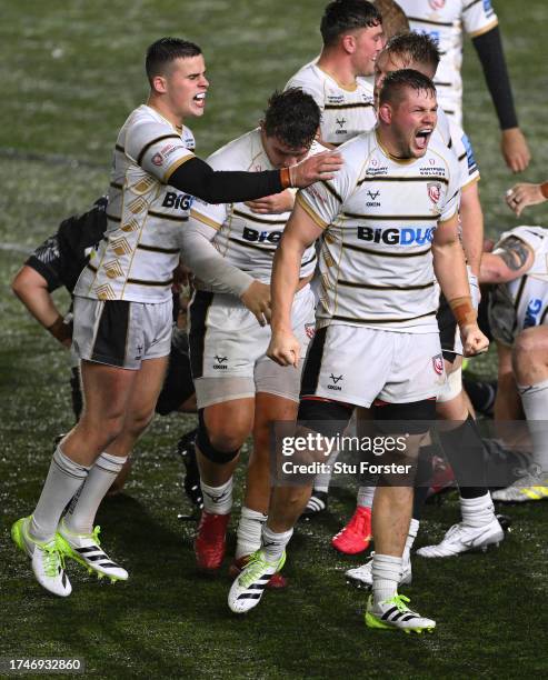 Gloucester player Freddie Clarke and team mates celebrate victory during the Gallagher Premiership Rugby match between Newcastle Falcons and...