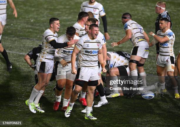Gloucester player Freddie Clarke 1 and team mates celebrate victory during the Gallagher Premiership Rugby match between Newcastle Falcons and...