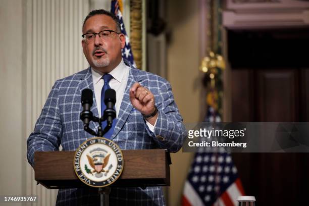 Miguel Cardona, US education secretary, speaks during a ceremony in the Indian Treaty Room in Washington, DC, US, on Thursday, Oct. 26, 2023. US Vice...