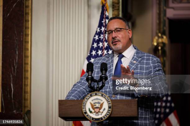Miguel Cardona, US education secretary, speaks during a ceremony in the Indian Treaty Room in Washington, DC, US, on Thursday, Oct. 26, 2023. US Vice...